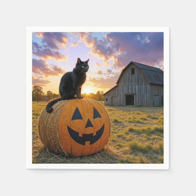 Halloween Black Cat On Pumpkin Hay Bale Serviette (Vorderseite)