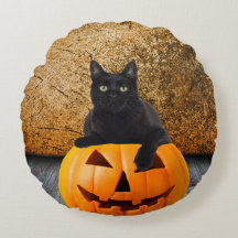 Halloween Black Cat On Pumpkin Round Throw Kissen
