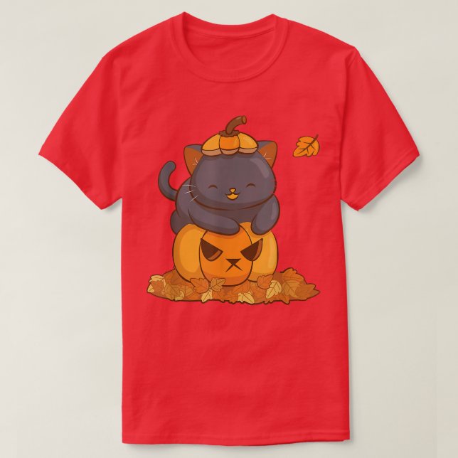 Halloween Black Cat on Pumpkin with Autumn Leaves  T-Shirt (Design vorne)