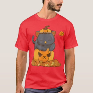 Halloween Black Cat on Pumpkin with Autumn Leaves  T-Shirt