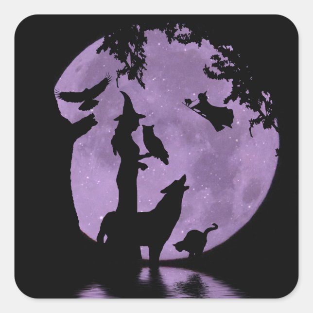 Halloween, Black Cat, Owl, Raven und Wolf Quadratischer Aufkleber (Vorderseite)