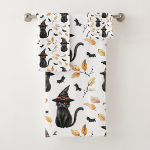 Halloween Black Cat Pattern - Witchy Cat Badhandtuch Set