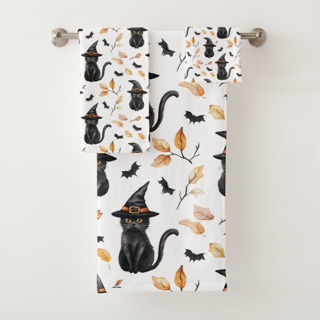 Halloween Black Cat Pattern - Witchy Cat Badhandtuch Set (Insitu)