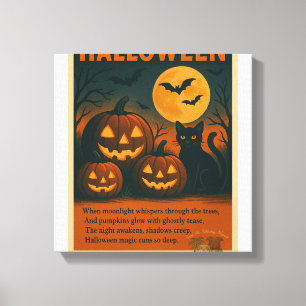 Halloween Black Cat & Pumpk Stretched Canvas Print Leinwanddruck