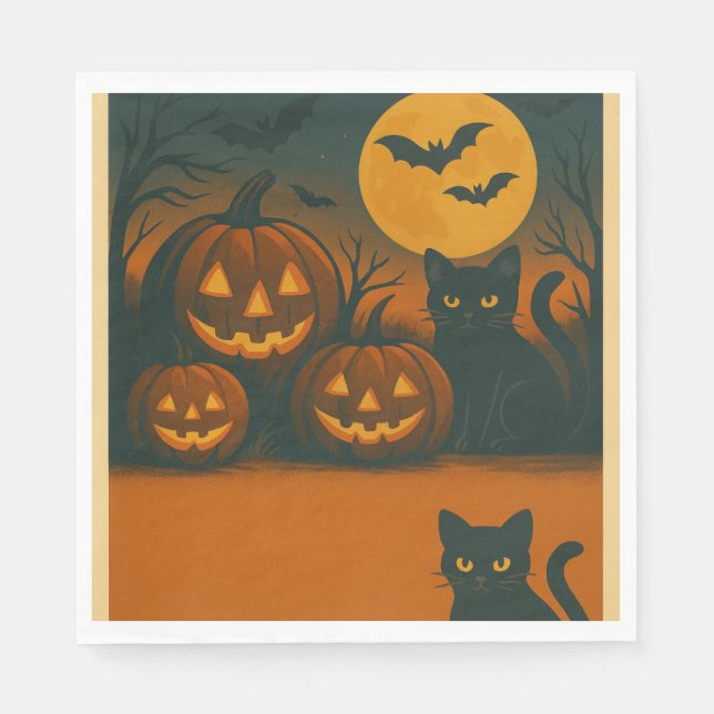 Halloween Black Cat & Pumpkin Napkins Serviette (Vorderseite)