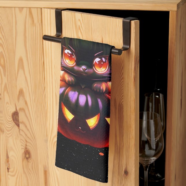 Halloween Black Cat Pumpkin Night Horror Beängstig Geschirrtuch (Drittel gefaltet)