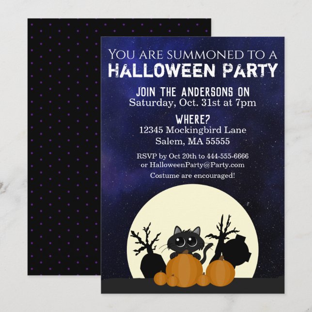 Halloween Black Cat Pumpkins Friedhof Vollmond Einladung (Vorne/Hinten)