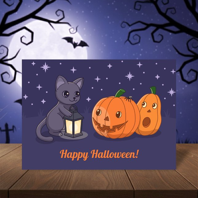 Halloween Black Cat, Pumpkins, Lantern on Purple Karte (Von Creator hochgeladen)