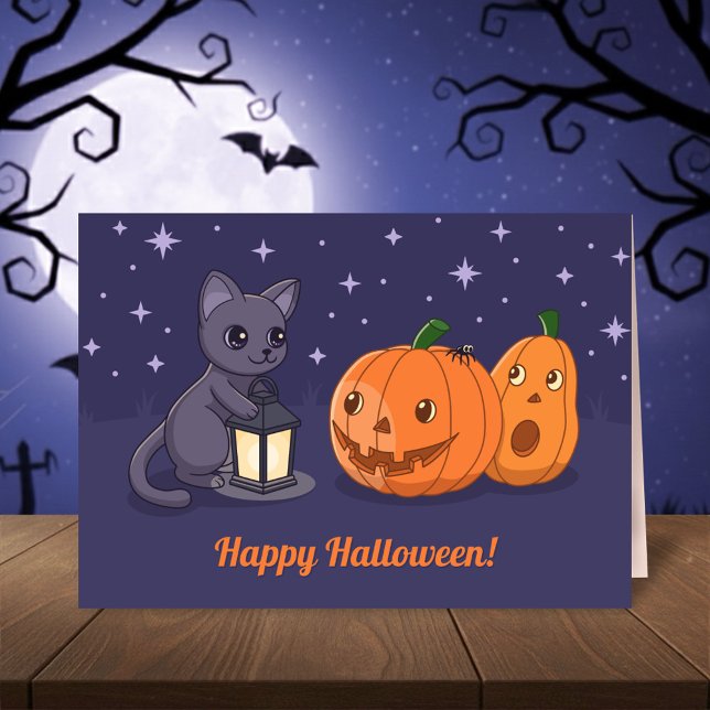Halloween Black Cat Pumpkins Lantern Purple Karte (Von Creator hochgeladen)