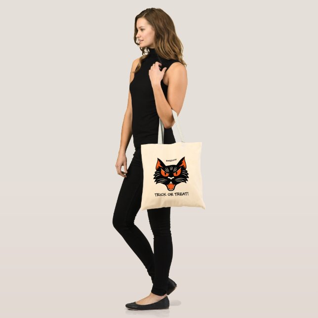 Halloween Black Cat Trick oder Treat Bag mit Namen Tragetasche (Vorderseite (Model))