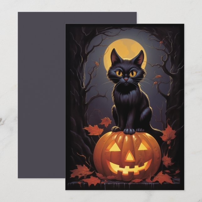 Halloween Black Cat und Pumpkin Einladung (Vorne/Hinten)