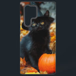 Halloween Black Cat und Pumpkin Samsung Galaxy Hülle<br><div class="desc">Samsung Galaxy Case mit einer hübschen schwarzen Katze,  die einen Hexenhut trägt! Diese kleine Süsse Posen mit einem Kürbis. Der Herbst hinterlässt Teppich auf dem Waldboden. Ein puristisches Geschenk für Halloween-Feiern!</div>