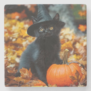 Halloween Black Cat und Pumpkin Steinuntersetzer