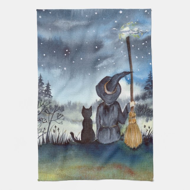 Halloween Black Cat und The Hexenkratzer Nacht Geschirrtuch (Vertikal)