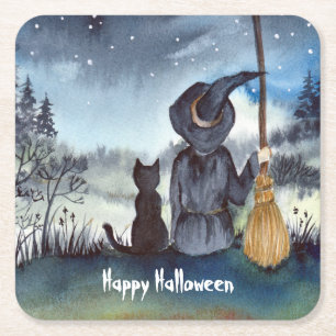 Halloween Black Cat und The Hexenkratzer Nacht Rechteckiger Pappuntersetzer
