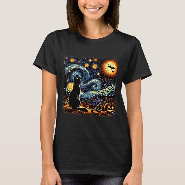 Halloween Black Cat Van Gogh Starry Night Cat Love T-Shirt (Vorderseite)