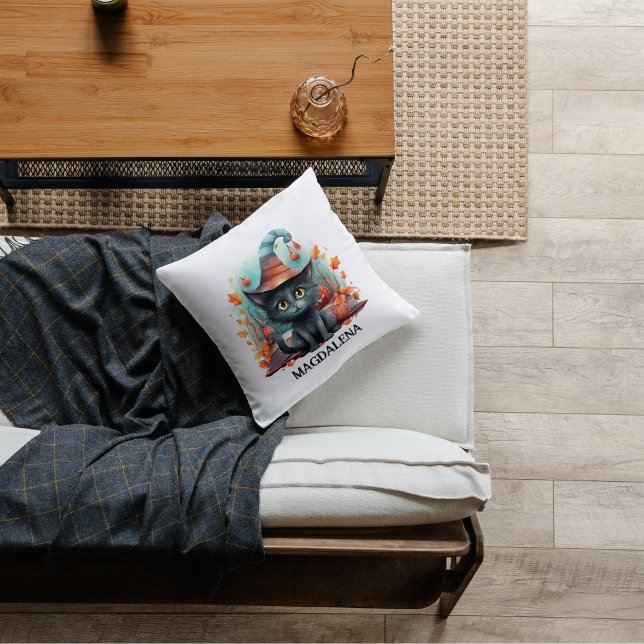 Halloween Black Cat Watercolor Kissen (Black Cat With Hat Custom Name Halloween Throw Pillow)