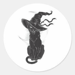 Halloween Black Cat Witch Hat Moon Runder Aufkleber