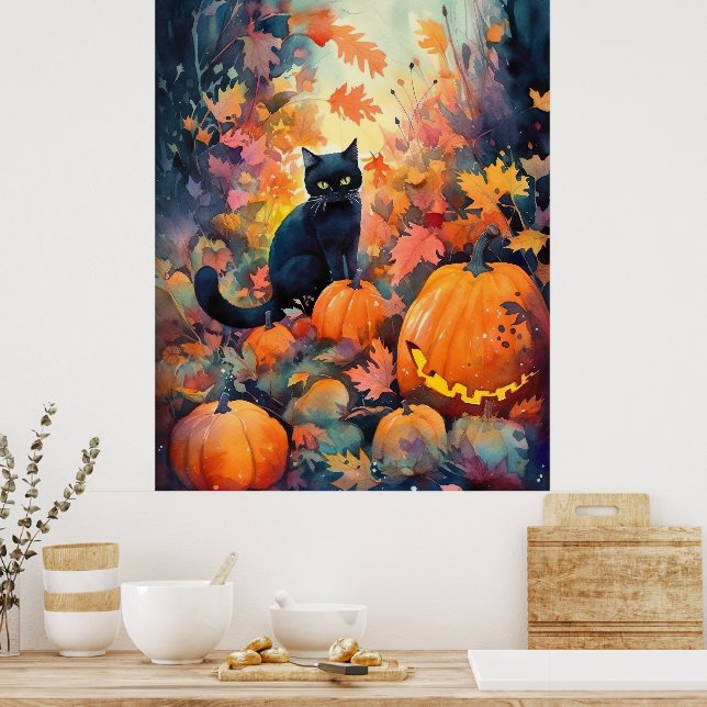Halloween Black Cat With Pumpkins Scary Poster (Küche)