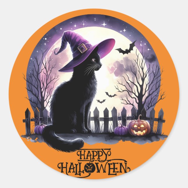 Halloween Black Cat Witz and Bats Runder Aufkleber (Vorderseite)