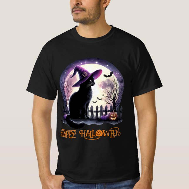 Halloween Black Cat Witz and Bats T-Shirt (Vorderseite)