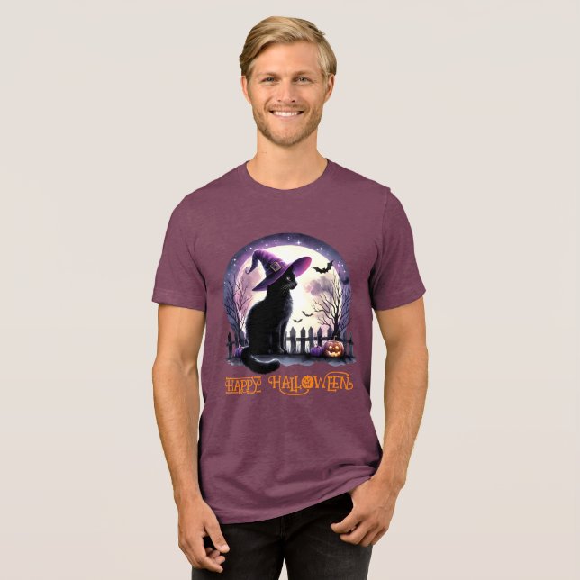 Halloween Black Cat Witz and Bats Tri-Blend Shirt (Vorderseite voll)