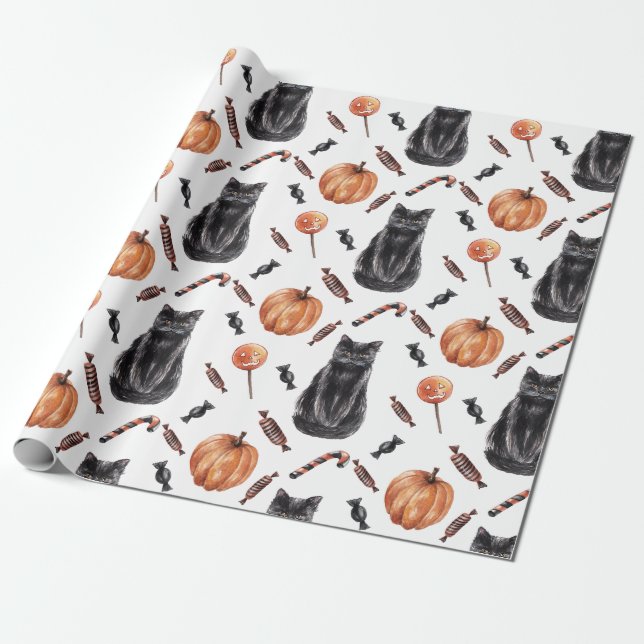 Halloween Black Cats, Pumpkins und Leckereien Geschenkpapier (Ungerollt)