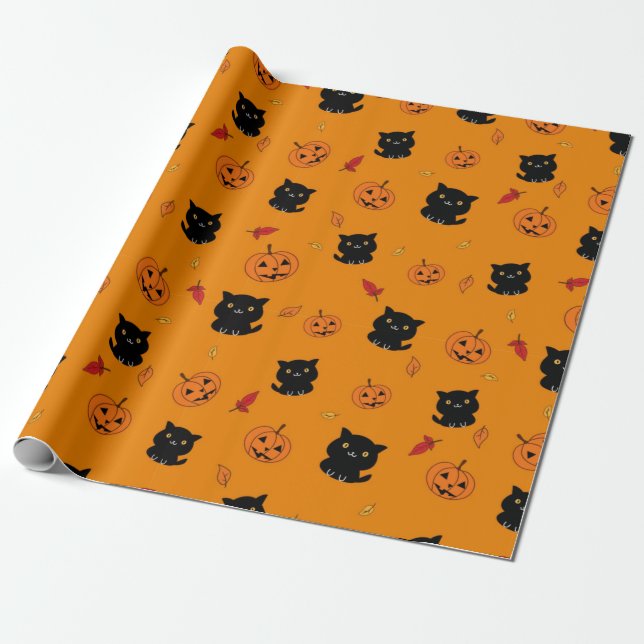 Halloween Black Cats und Pumpkins Muster Geschenkpapier (Ungerollt)