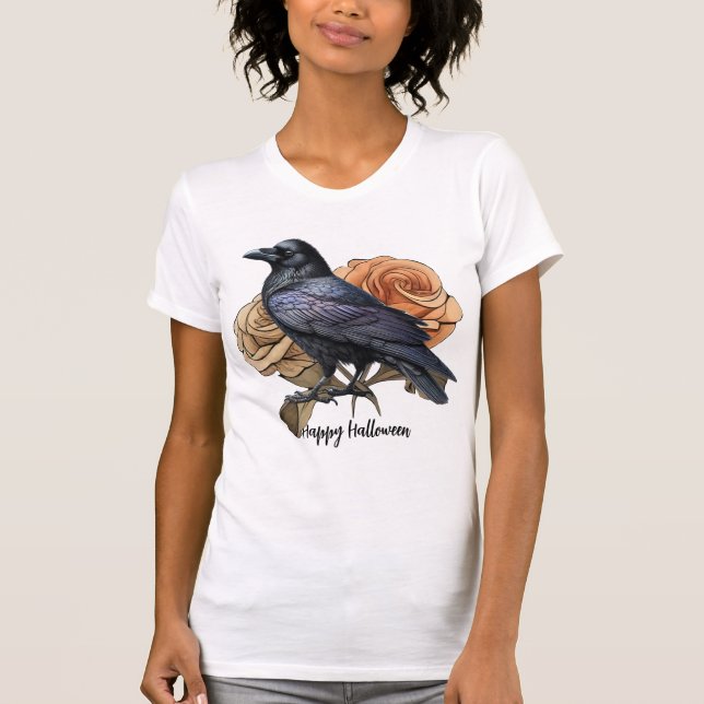Halloween Black Crow Orange Blume T-Shirt (Vorderseite)