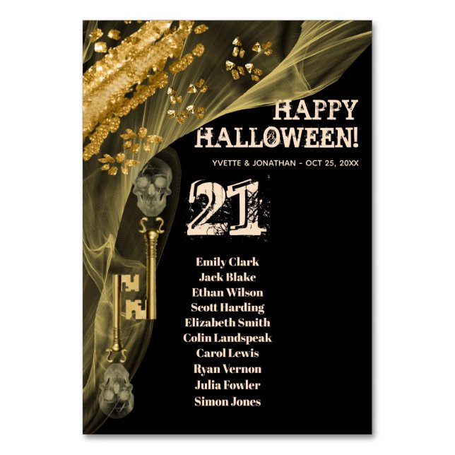 Halloween Black & Gold Skeletttasten Tischnummer (Vorderseite)