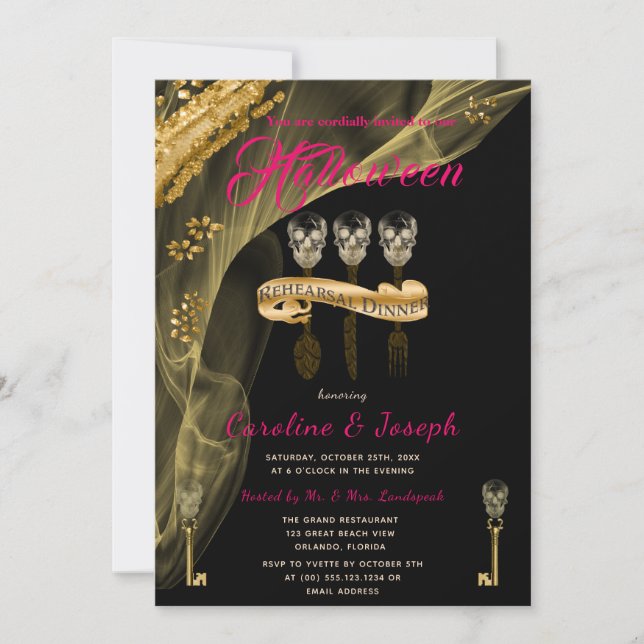 Halloween Black, Gold Skull Keys Probe Dinner Einladung (Vorderseite)