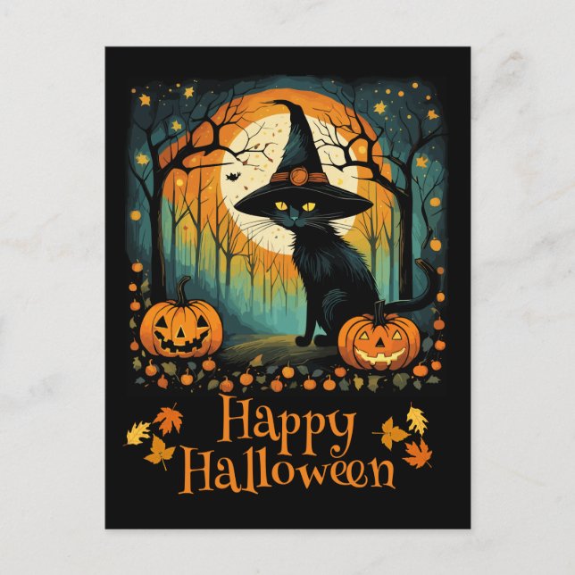 Halloween Black Hexenkatze und Full Moon Pumpkin Postkarte (Vorderseite)