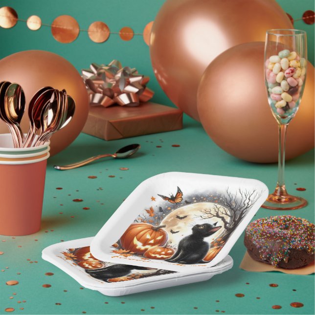 Halloween Black Kitten Kids Party Paper Plate Pappteller (Multi)