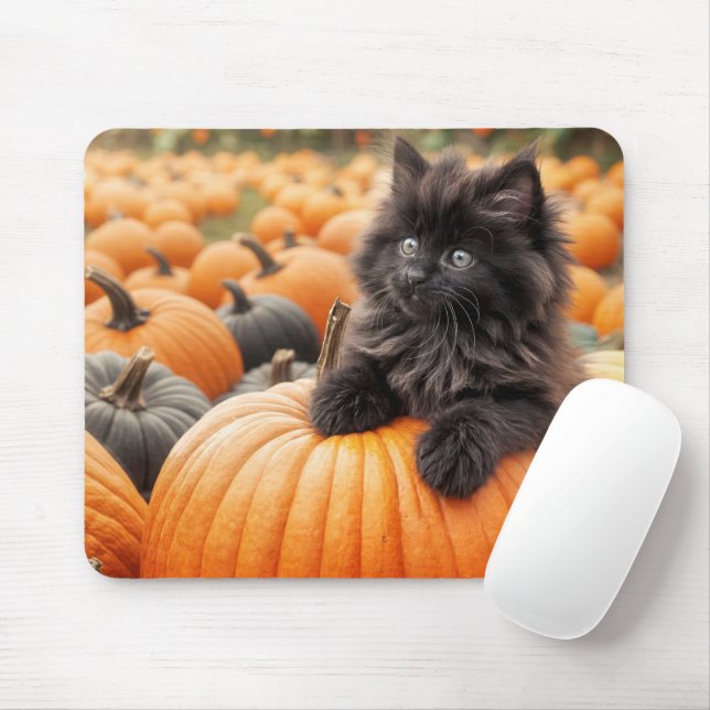 Halloween Black Kitten on a Pumpkin Mousepad (Mit Mouse)