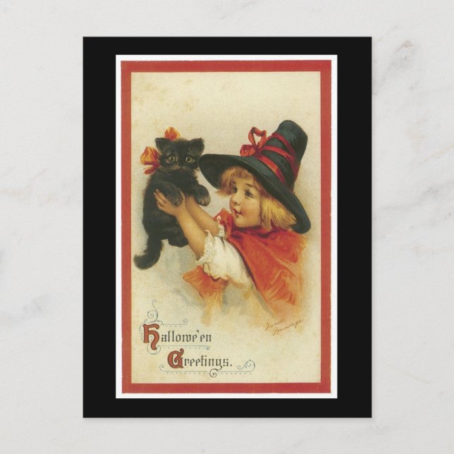Halloween Black Kitten und Hexenmädchen Postkarte (Vorderseite)