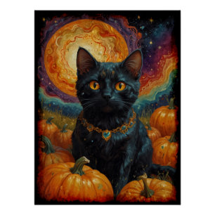 Halloween Black Kitten und Pumpkin Poster