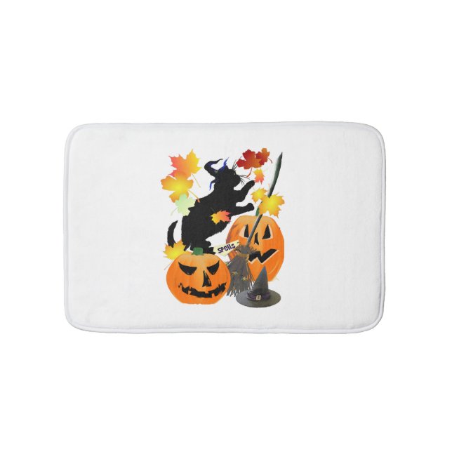 Halloween Black Kitty Batting Hübsche Blätter Badematte (Vorderseite)