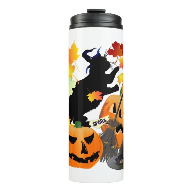 Halloween Black Kitty Batting Hübsche Blätter Thermosbecher (Vorderseite)