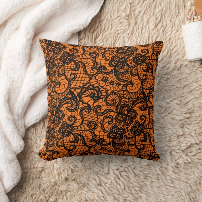 Halloween Black Lace auf Orange Kissen (Decke)