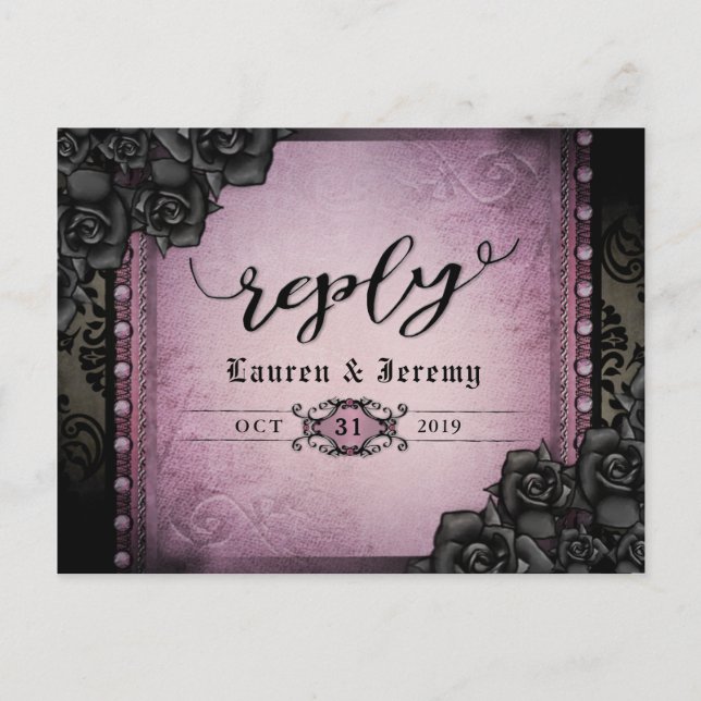 Halloween Black & Lila Gothic Reply PostCard Einladungspostkarte (Vorderseite)