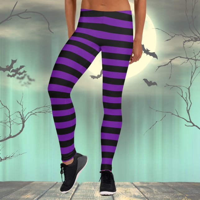 Halloween Black & Lila Hexenkostüm Leggings (Black and Purple Striped Leggings, Halloween Costume)