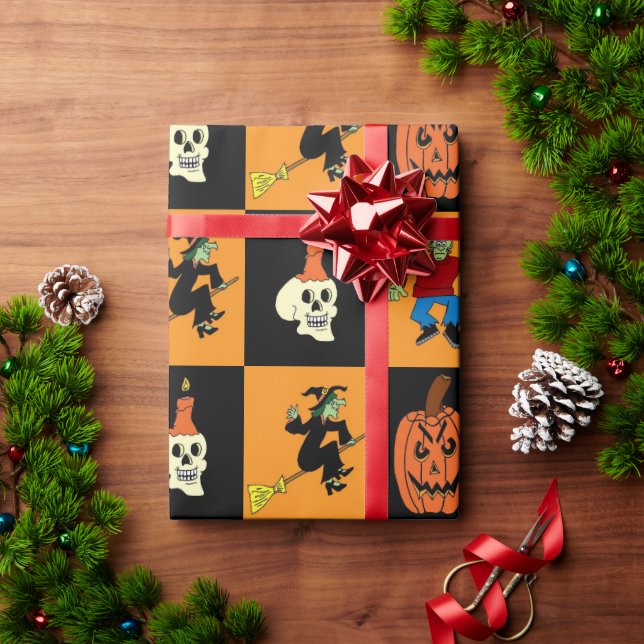 Halloween Black & Orange Checked Wrapping Paper Geschenkpapier (Feiertagsgeschenk)