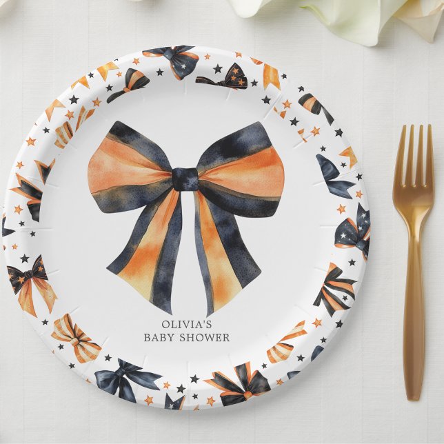 Halloween Black Orange Coquette Bow Babydusche Pappteller (Von Creator hochgeladen)