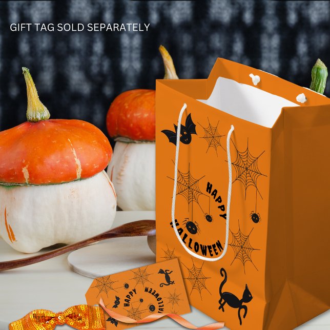 Halloween Black-Orange-Geschenktasche Mittlere Geschenktüte (Halloween Black & Orange gift bag with bats, black cats, spiders and cobwebs.)