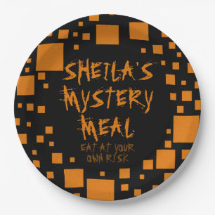 Halloween Black Orange Squares Name Spooky Food Pappteller