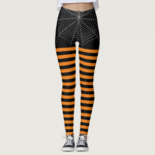 Halloween Black Orange White Spinnennetze Streifen Leggings
