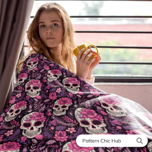 Halloween Black & Pink Sugar Skull Moderner Vintag Fleecedecke