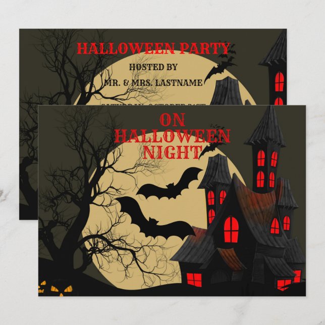 Halloween Black Red Spuk House Bat Full Moon Einladung (Vorne/Hinten)
