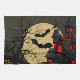 Halloween Black Red Spuk House Bat Full Moon Geschirrtuch