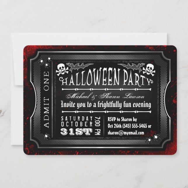 Halloween Black & White Bloody Einlass eines Ticke Einladung (Vorderseite)